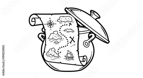 A simple black and white drawing of a treasure map in a jar with a lid slightly ajar.