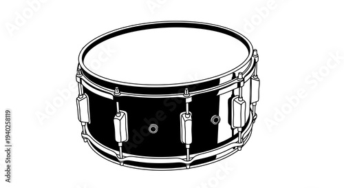 A simple black snare drum with chrome hardware on a white background.