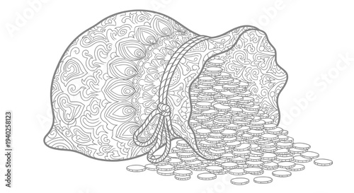 A money bag overflowing with coins on a plain white background.