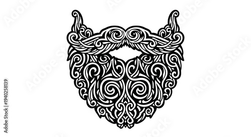 Intricate black and white illustration of a stylized beard with swirling patterns