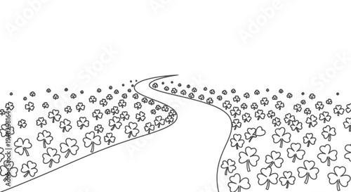 A winding path through a field of flowers is depicted in simple black and white illustration.