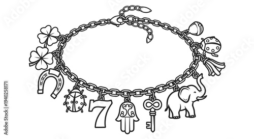 A simple black and white charm bracelet with various charms hanging from it.