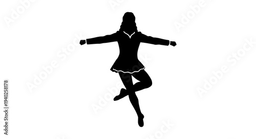 A silhouette of a woman dancing with her arms outstretched and one leg raised.