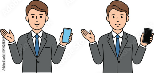 Two men in gray suits holding smartphones with one hand raised