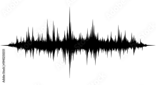 Complex Black Audio Sound Wave with Sharp Spikes on Isolated White Background
