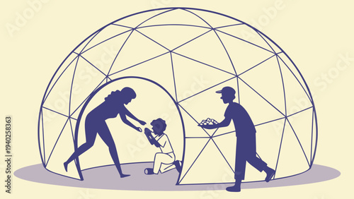 Child between two adults exchanging hearts under global network dome symbolizing family custody conflict