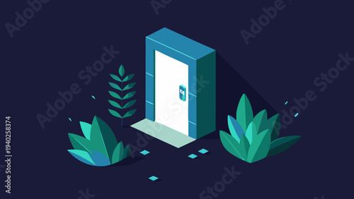 Open door glowing with light in dark landscape symbolizing opportunity, new beginning and discovery