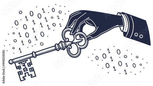 Hand holding key over digital binary code unlocking data security and encrypted information concept