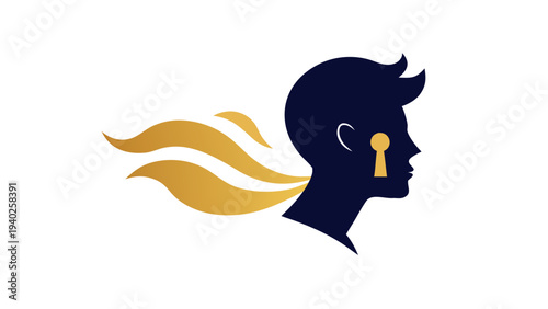 Human head silhouette with keyhole and flowing golden shapes symbolizing open mind, ideas and creativity