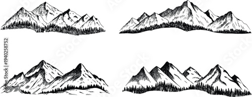 Hand drawn mountain range landscape collection, vintage engraving style nature vector illustration set for outdoor adventure, hiking and wilderness design