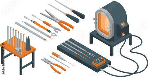 Isometric jewelry making tools set illustration, goldsmith workshop equipment, metal melting furnace, engraving tools, jewelry crafting instruments collection