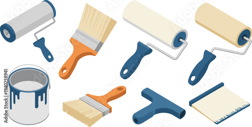 Isometric painting tools collection illustration, paint rollers, brushes, paint bucket, wall painting equipment, home improvement renovation supplies