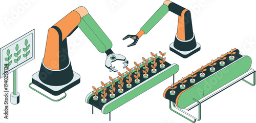 Isometric smart farming automation illustration, robotic arms managing plant production, hydroponic conveyor system, agricultural robotics, precision farming technology