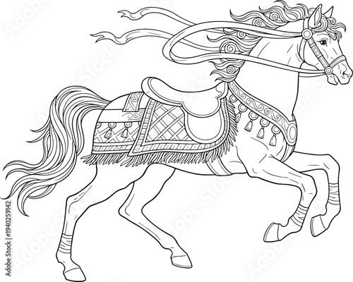 Hand drawn running horse with ornate saddle and flowing mane illustration, decorative equestrian vector line art for fantasy design
