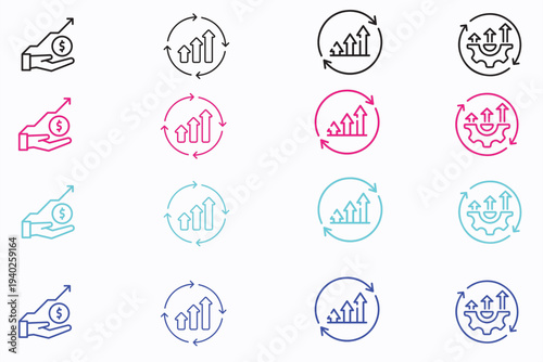 Business growth and continuous improvement icon set. Vector illustration of linear symbols representing financial investment, cyclic progress arrows, upward trend charts, and process optimization