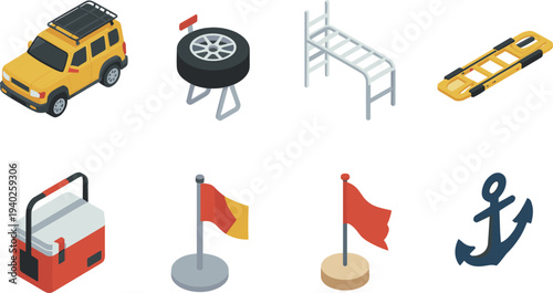 Isometric, camping, adventure, equipment, icons, SUV, spare, tire, roof, rack, ladder, stretcher, cooler, flags, anchor, outdoor, travel, vector, set