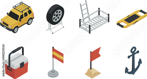 Isometric, camping, travel, equipment, icons, SUV, spare, tire, roof, rack, ladder, stretcher, cooler, anchor, flags, outdoor, adventure, vector, collection