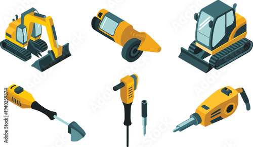Isometric, construction, machinery, excavator, bulldozer, jackhammer, power, tools, demolition, engineering, heavy, 