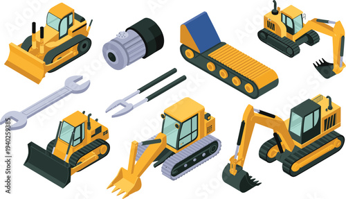 Isometric, construction, machinery, excavators, bulldozer, heavy, equipment, engineering, vehicles, tools, industry, building, machinery, 
