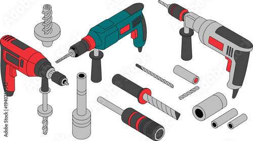 Isometric, electric, drill, machines, drill, bits, power, tools, construction, repair, workshop, hardware, DIY, engineering, equipment, toolkit, vector, illustration, set, collection