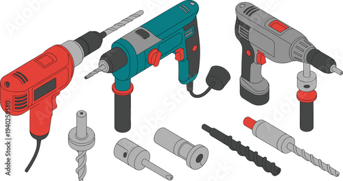 Isometric, electric, drill, machines, drill, bits, power, tools, construction, repair, workshop, hardware, DIY, engineering, equipment, toolkit, vector, illustration, set, collection