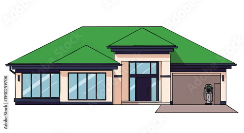 Modern Single-Story House with Green Roof and Garage.