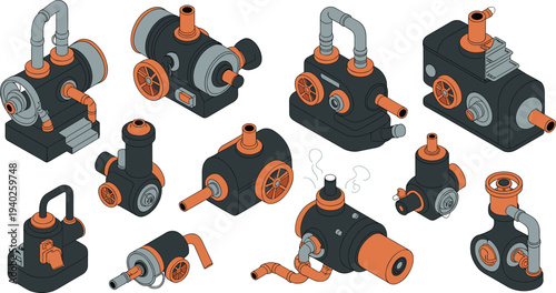 Isometric, industrial, machinery, pumps, equipment, pipes, valves, factory, engineering, manufacturing, technology, mechanical,