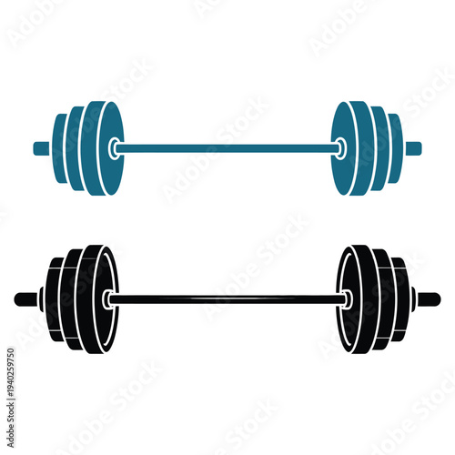 Two barbells with weights in teal and black Description: Two barbells are shown horizontally on a