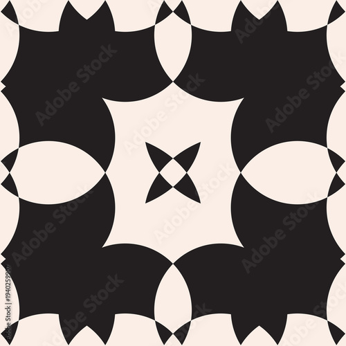 Monochromatic geometric decorative pattern with intricate interlocking shapes and stylized botanical motifs, perfect for contemporary design projects and elegant surface textures