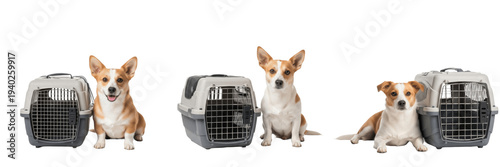 Happy dogs sitting next to plastic pet travel crates on white background