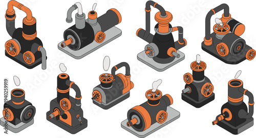 Isometric, industrial, machinery, equipment, pumps, mechanical, engines, pipes, valves, factory, engineering, technology, 