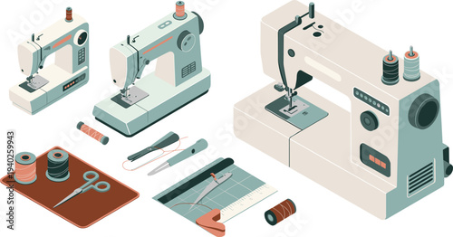 Isometric, sewing, machine, tailoring, equipment, thread, scissors, measuring, tape, fashion, textile, stitching, workshop, craft, tools, vector, illustration, set, collection, design