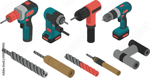 Isometric, power, drills, drill, bits, cordless, electric, tools, construction, equipment, workshop, hardware, repair, DIY, engineering, toolkit, vector, illustration, set, collection