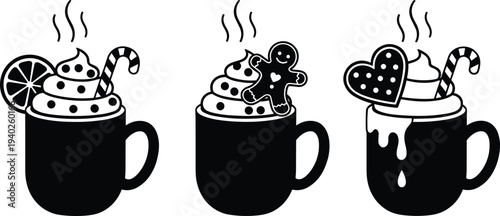Hot chocolate mug with candy cane, gingerbread cookie and heart biscuit silhouette set, festive winter drink vector icons
