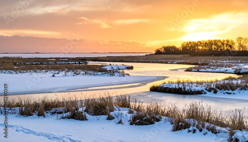 Winter Marsh Landscape at Sunset - A Serene Coastal Scene.