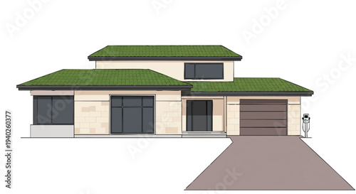 modern eco-friendly house with green roof and garage.