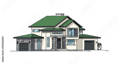 modern house exterior design with green roof.