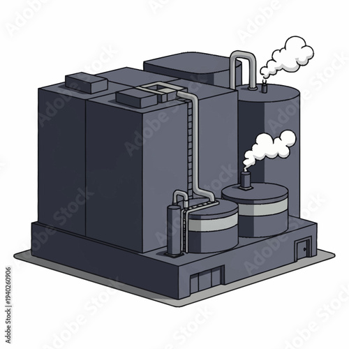 Industrial factory building with smoking chimneys producing pollution.