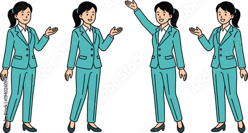 Four women in teal suits with different hand gestures standing in a row