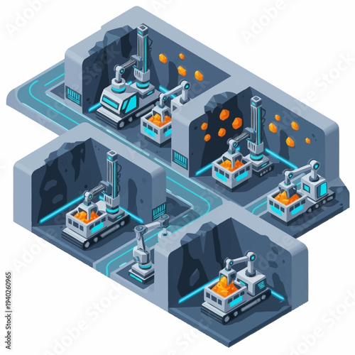 Isometric automated mining facility with robotic vehicles and excavators.