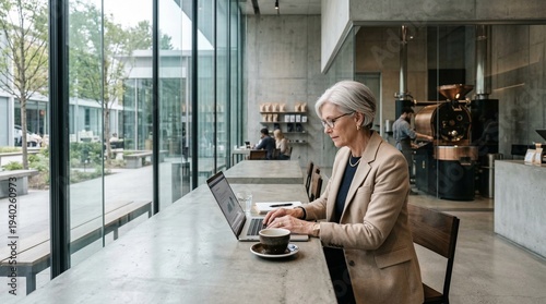 Elegant Senior Woman Executive Working on Laptop in Modern Glass Cafe