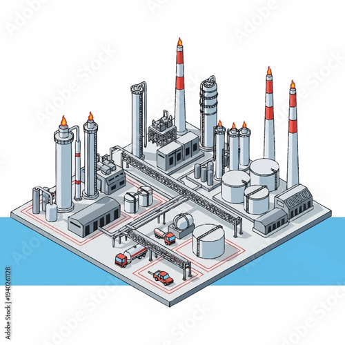 Isometric illustration of a large industrial complex with factories and storage tanks.