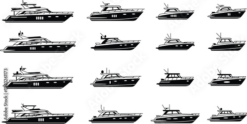 Luxury yacht silhouette collection with modern motor boats, marine vessel vector icon set for nautical transport, ocean travel and boating