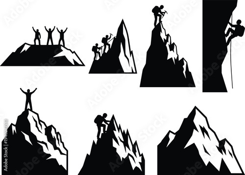 Mountain climbing and hiking silhouette collection, mountaineer reaching summit vector icons for adventure sport, outdoor exploration and trekking design