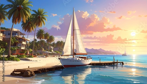 Sailboat Moored at Tropical Beach Pier at Sunset.