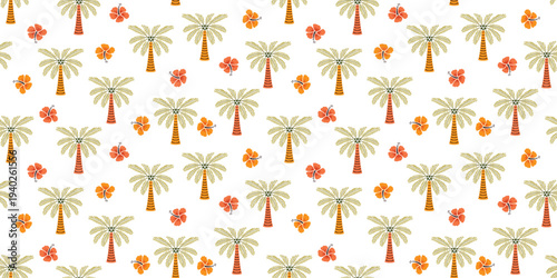 palm tree pattern on white background, tiny hibiscus flowers adorning, is perfect for beach fashion. Tropical botanical Seamless pattern. Hawaiian shirt summer design. Hawaiian shirt, coconut design.