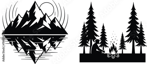 Mountain landscape and camping campfire silhouette set, outdoor adventure nature scene with forest trees vector illustration for travel design