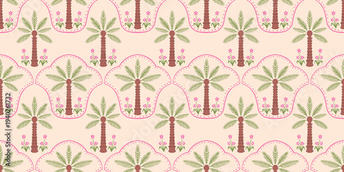 Palm pattern. Exotic palm pattern motif, Exotic coconut design. decorative summer pattern Hawaiian shirts. curved lines frame the coconut tree in a cute ogee style. coconut tree on sand beige color.