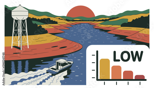 Boat navigating shallow river with low water level chart. Motor boat traveling through shallow river during drought with environmental water level indicator chart.