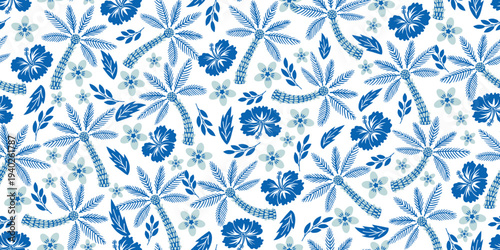 Tropical botanical Seamless pattern. Palm Tree Toile de Jouy. Blue Tones Hibiscus pattern. Etching motif, exotic Palm design. Hawaiian shirt summer design. Line Art Botanical Monochromatic Palm.
